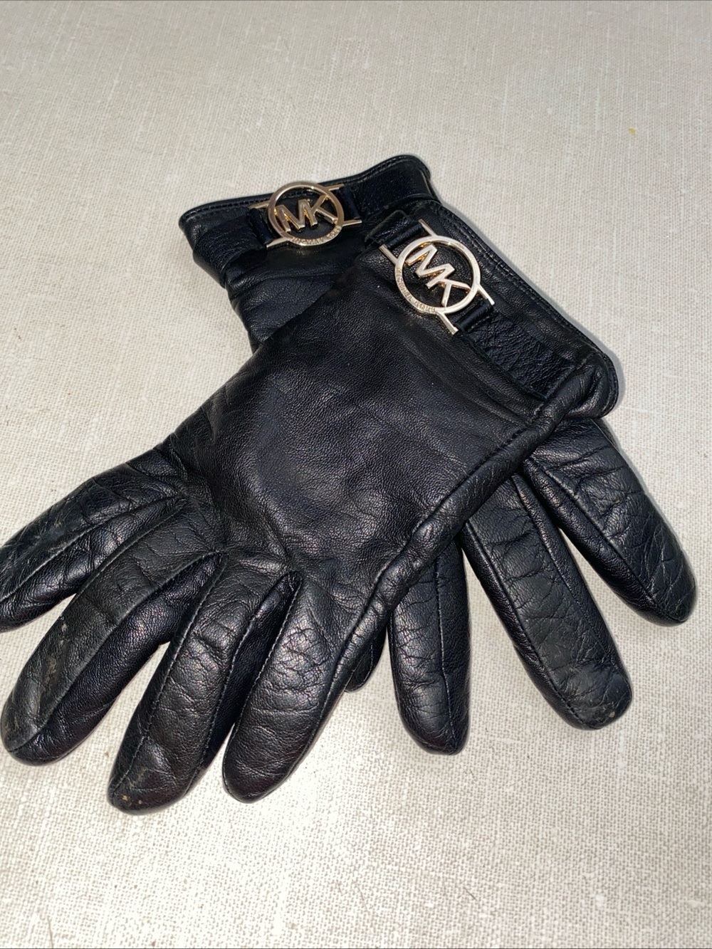 Michael Kors Black Leather Gloves MK Gold Color Logo Accent Women’s Small - M